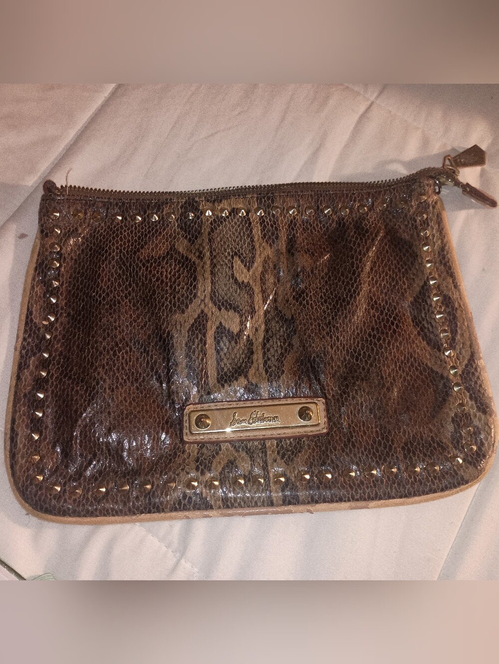 Sam Edelman VINTAGE BROWN SNAKESKIN STUDDED CLUTCH POUCH Blk/Brown w/ Gold Studs